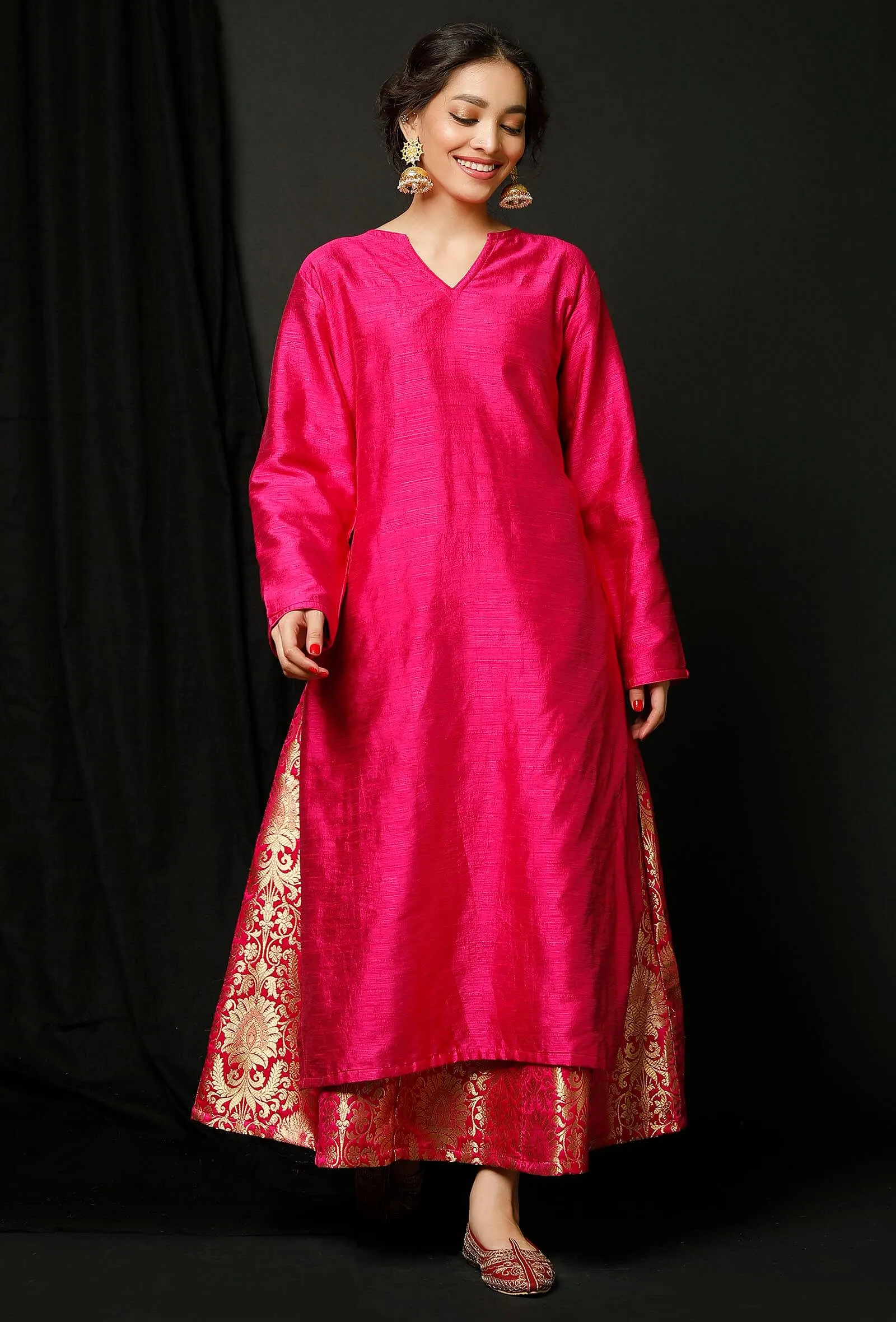 Set of 2 : Pink Raw Silk Kurta and Pink Banarsi Brocade Skirt