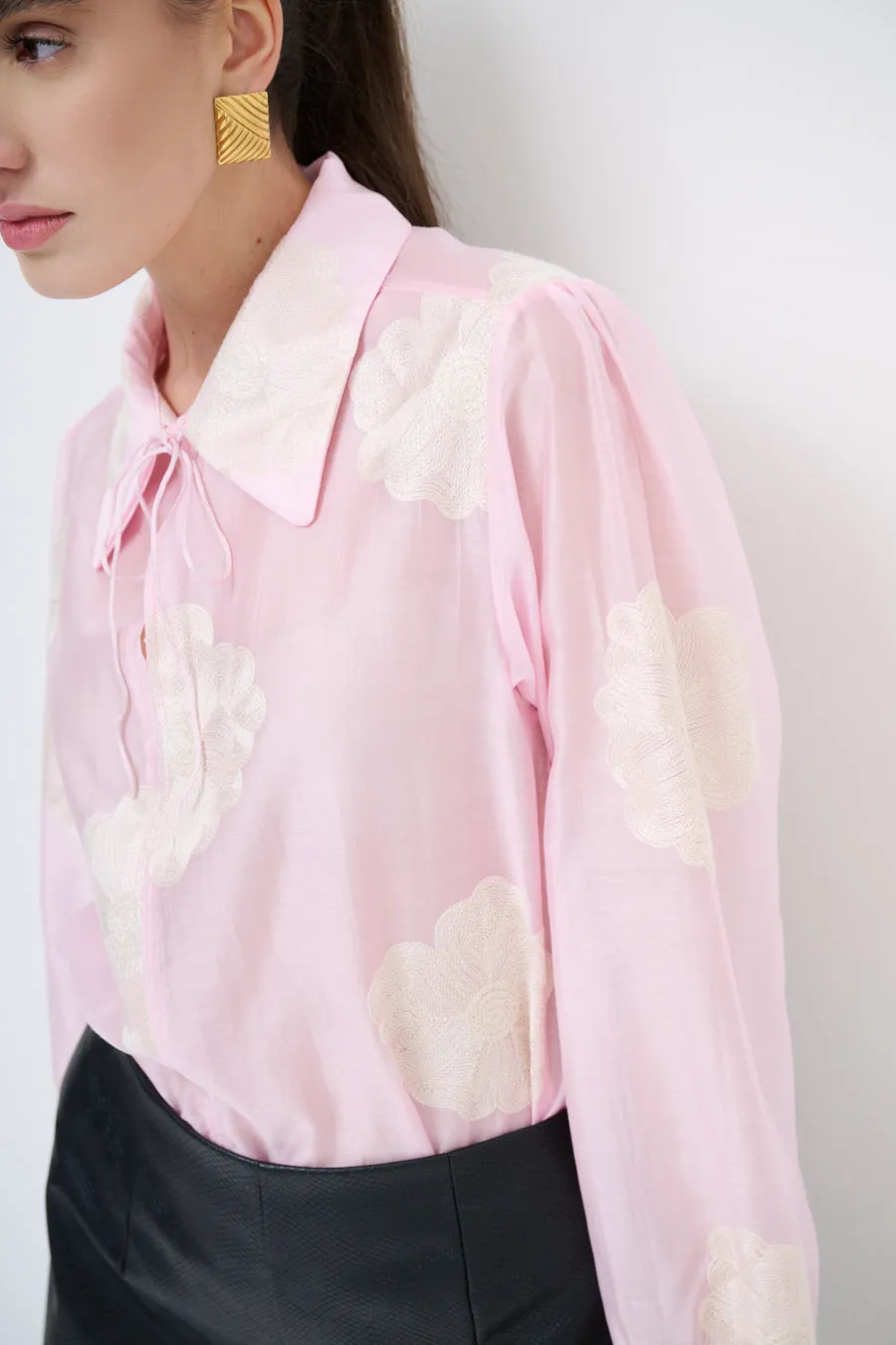 Sheer floral blouse with tie-neck detail wholesale