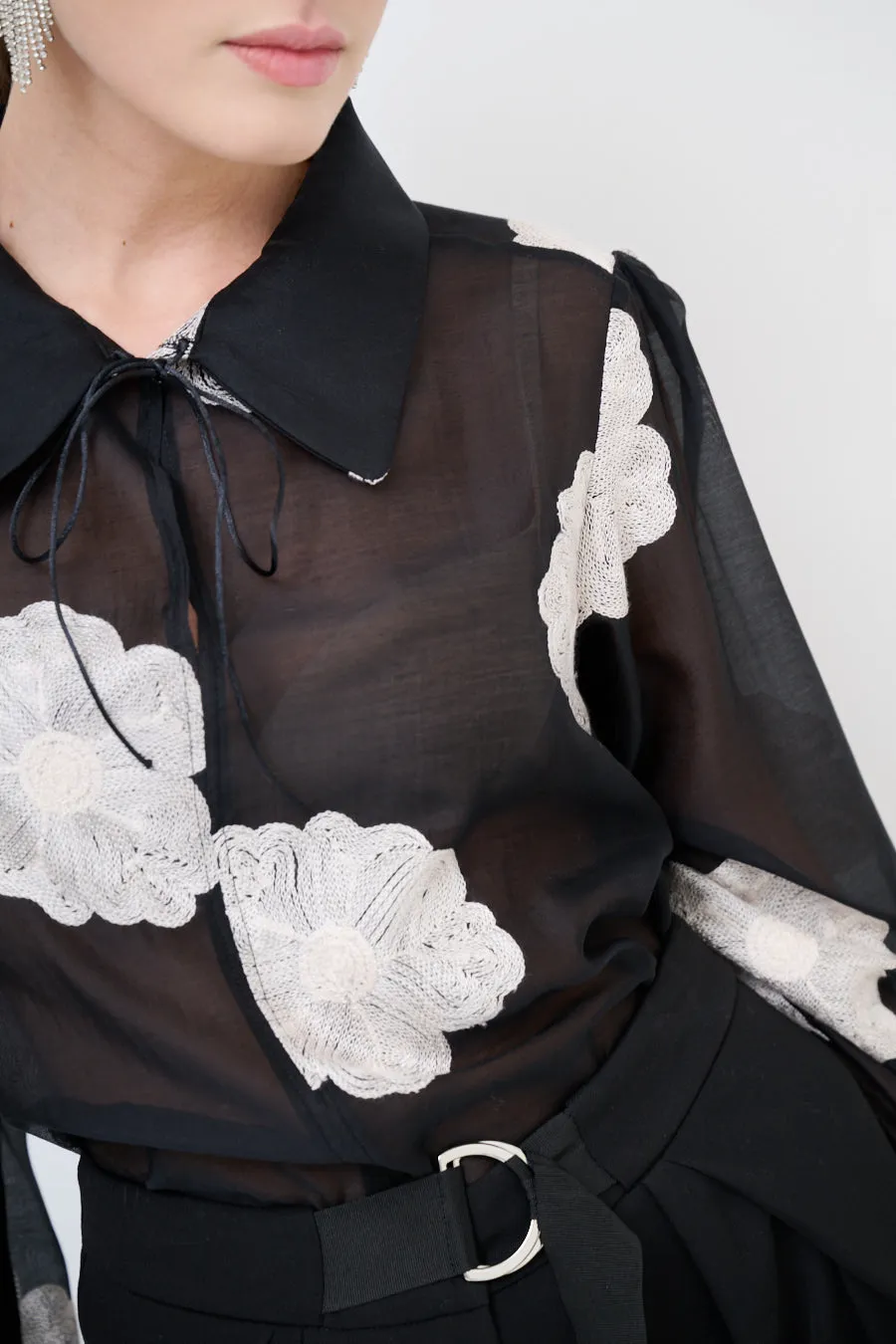 Sheer floral blouse with tie-neck detail wholesale