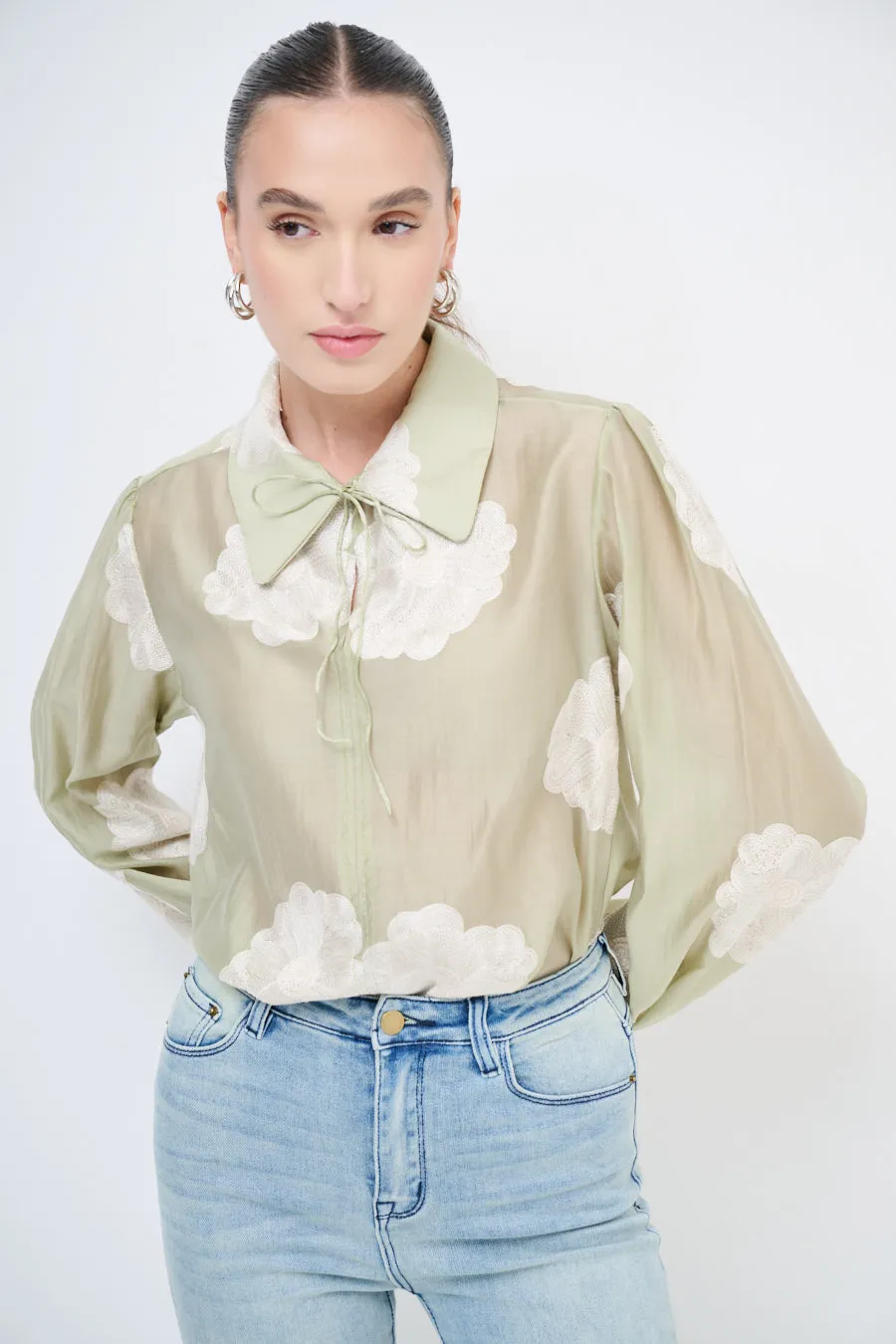 Sheer floral blouse with tie-neck detail wholesale