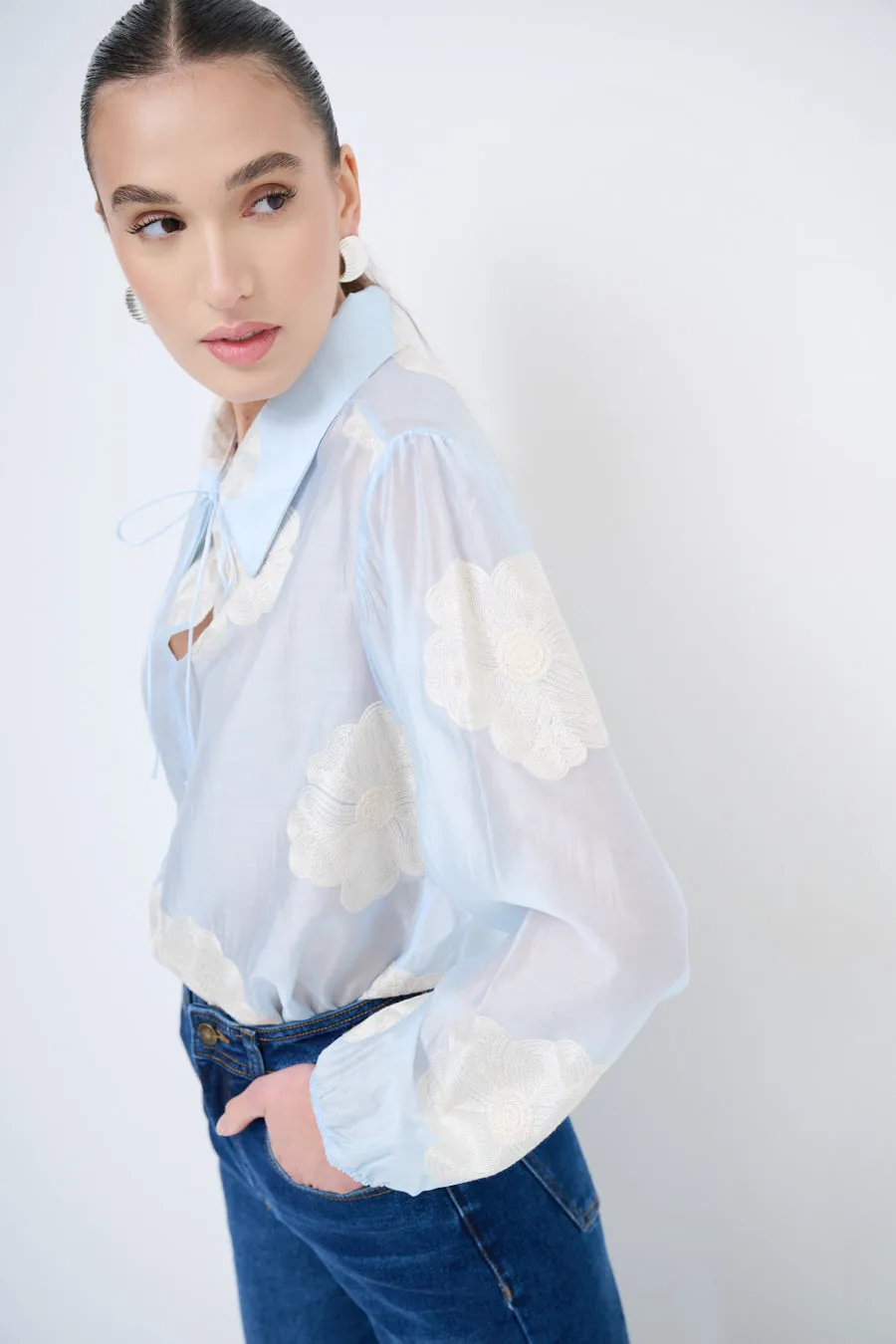 Sheer floral blouse with tie-neck detail wholesale