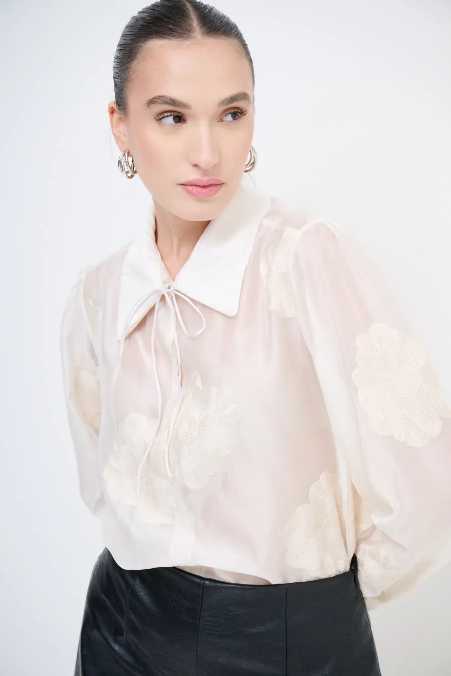 Sheer floral blouse with tie-neck detail wholesale