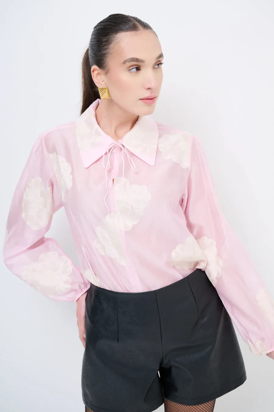 Sheer floral blouse with tie-neck detail wholesale