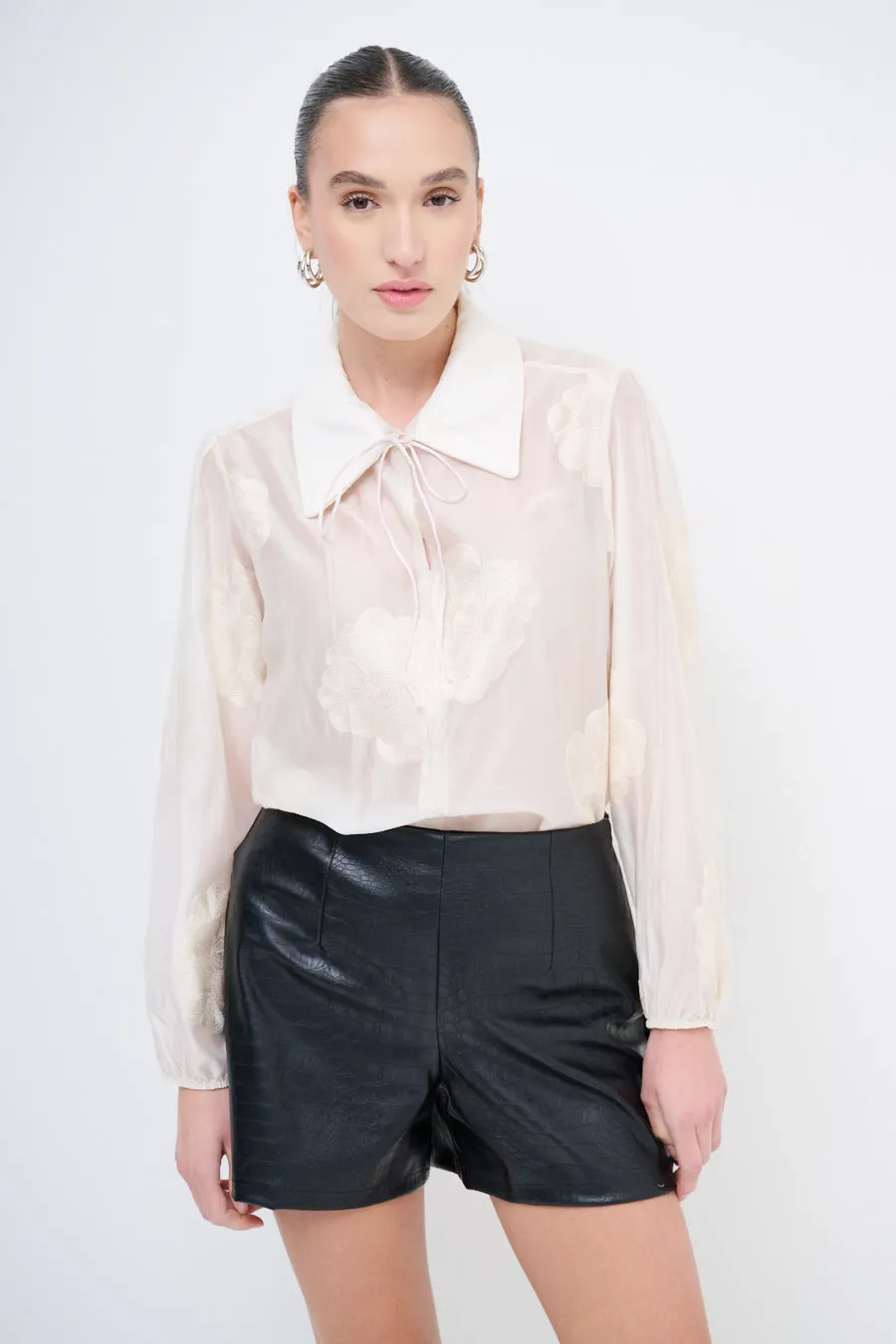 Sheer floral blouse with tie-neck detail wholesale