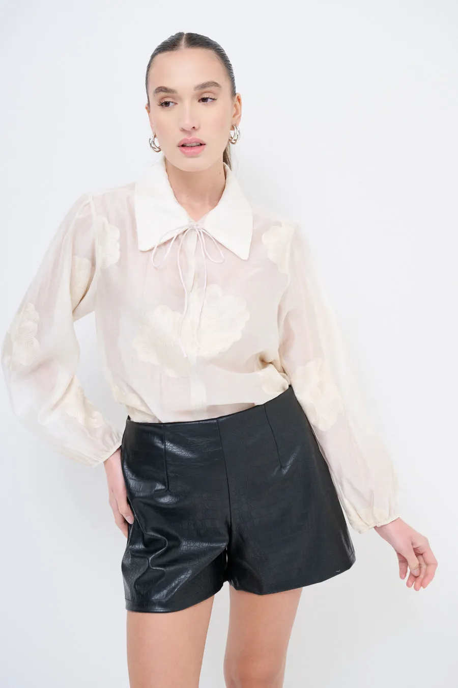 Sheer floral blouse with tie-neck detail wholesale