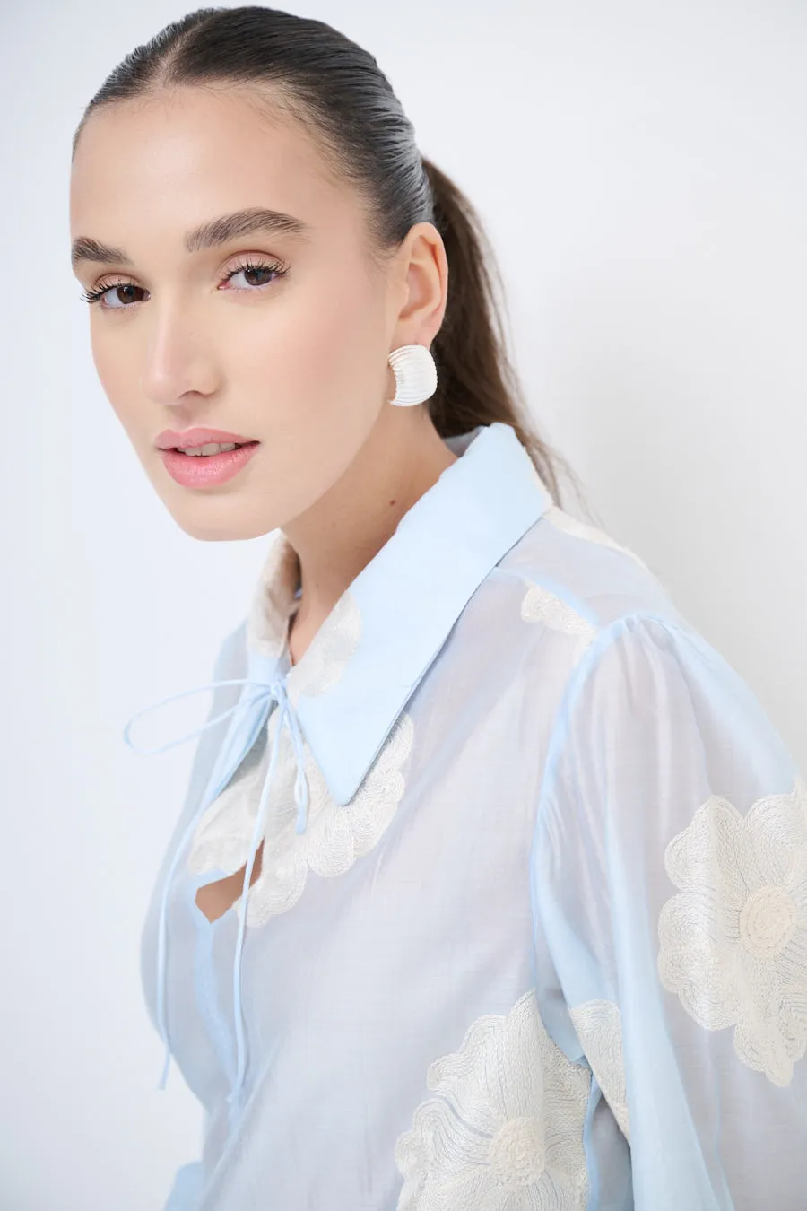 Sheer floral blouse with tie-neck detail wholesale