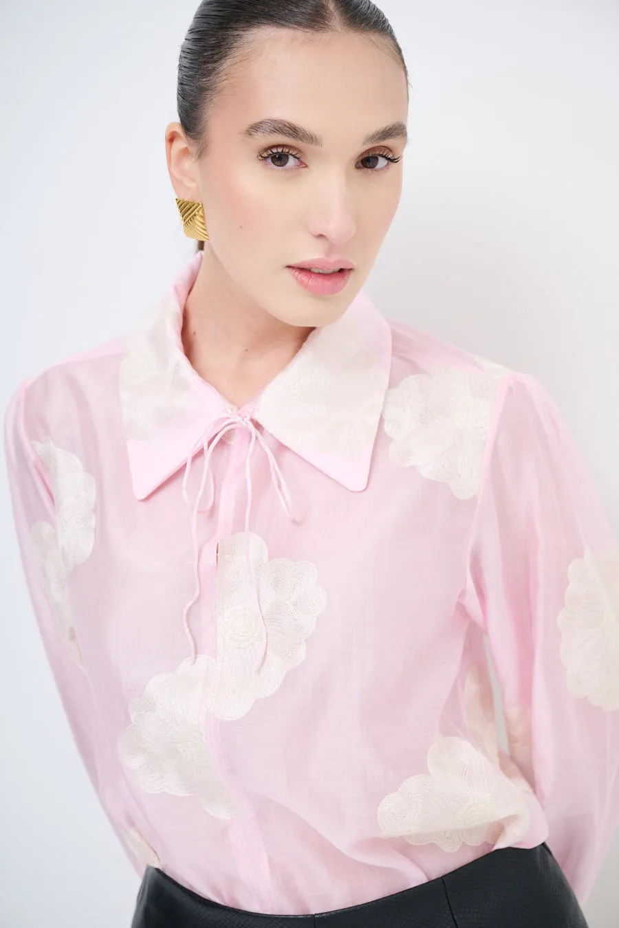 Sheer floral blouse with tie-neck detail wholesale