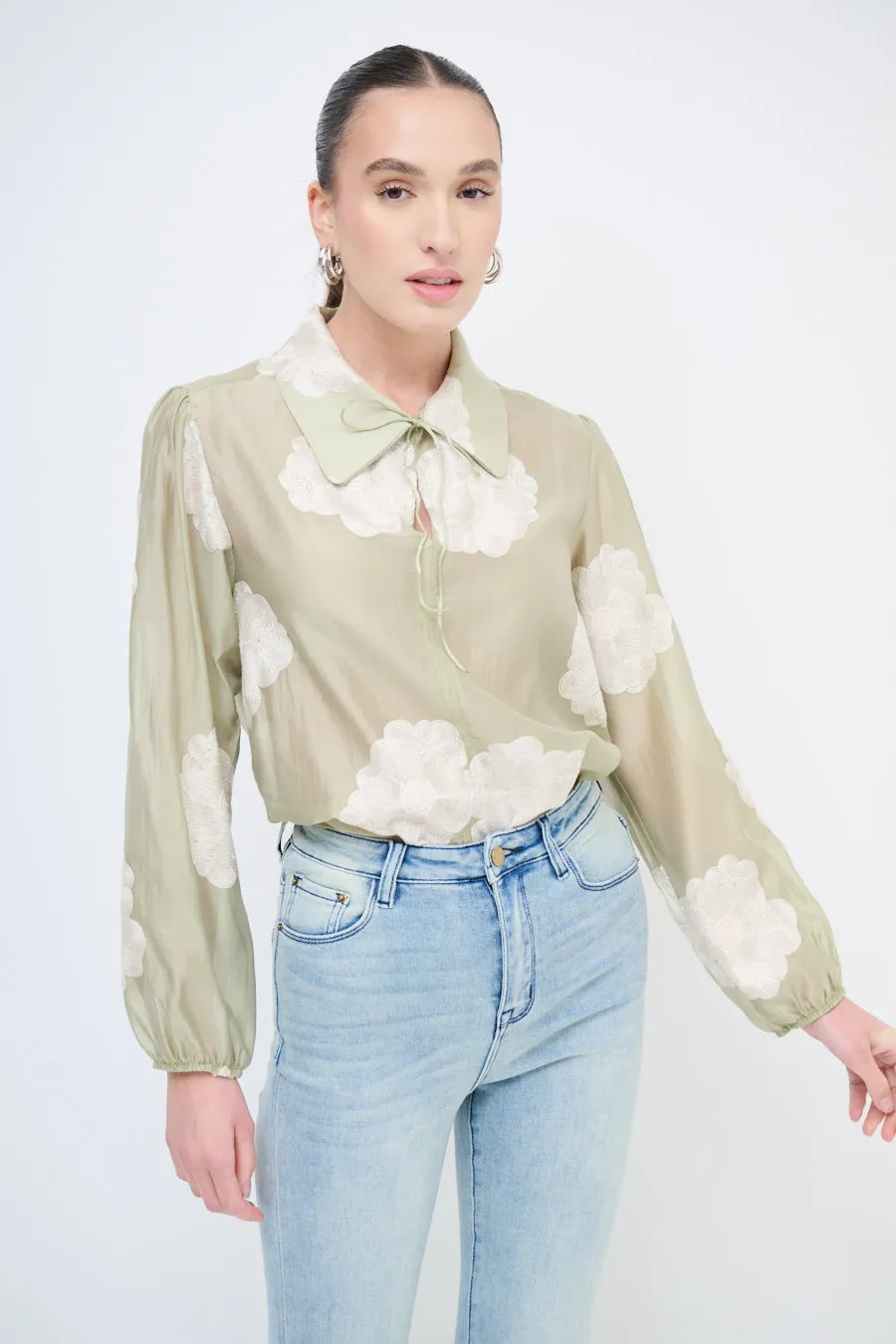 Sheer floral blouse with tie-neck detail wholesale