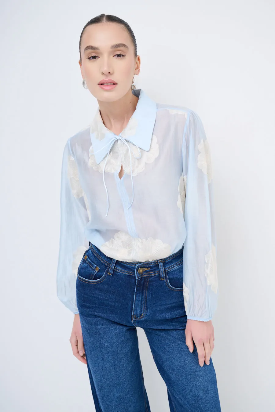 Sheer floral blouse with tie-neck detail wholesale