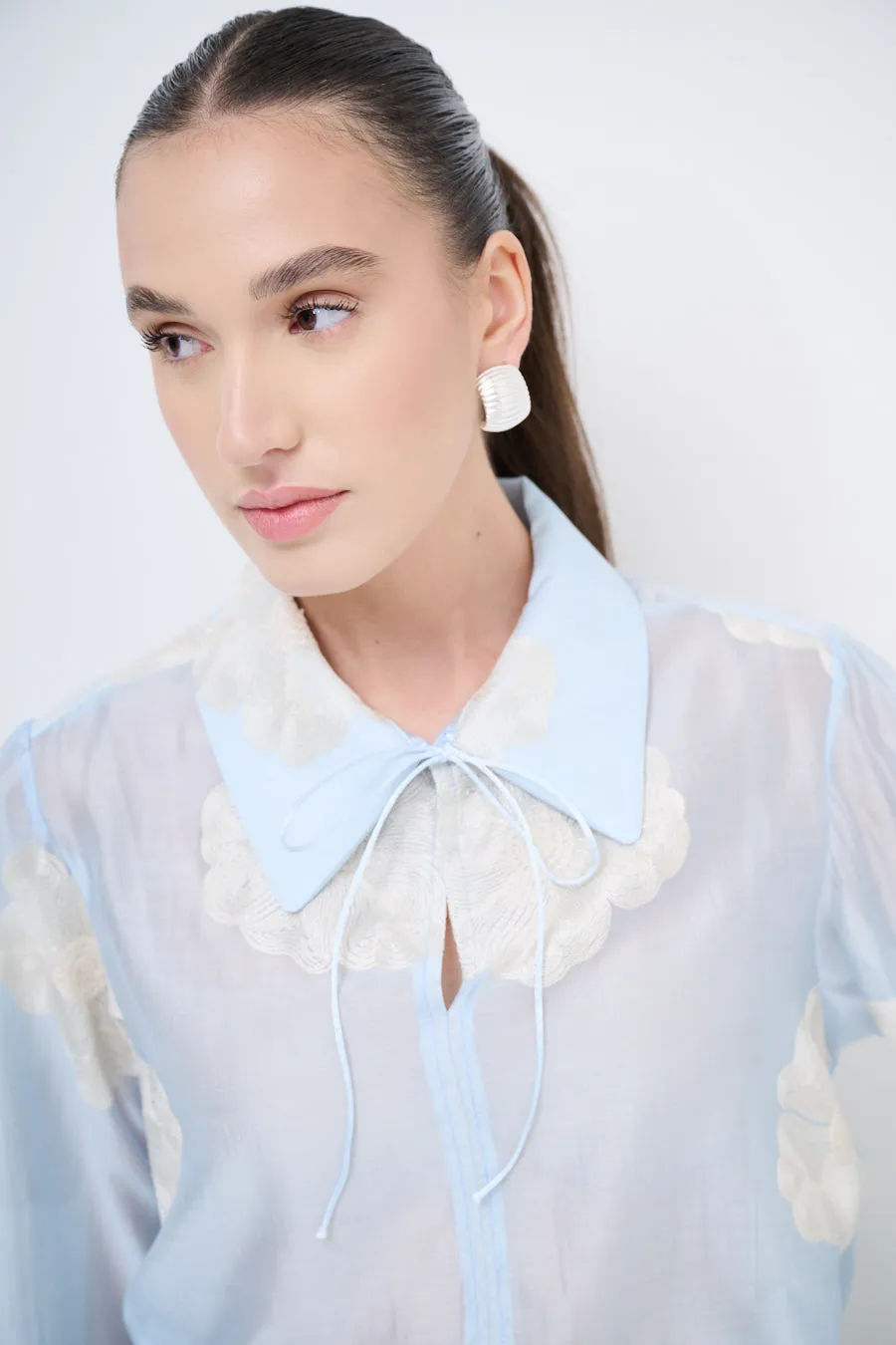 Sheer floral blouse with tie-neck detail wholesale