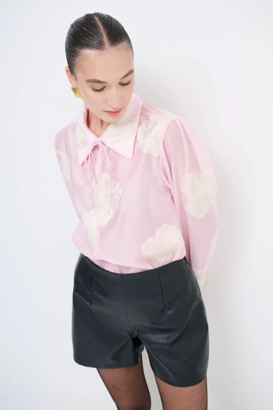 Sheer floral blouse with tie-neck detail wholesale