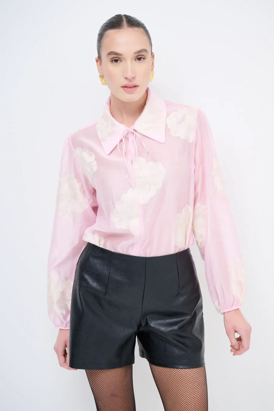 Sheer floral blouse with tie-neck detail wholesale