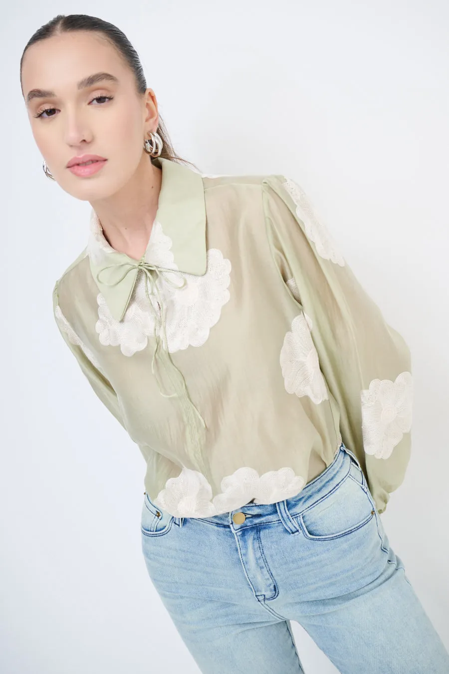 Sheer floral blouse with tie-neck detail wholesale