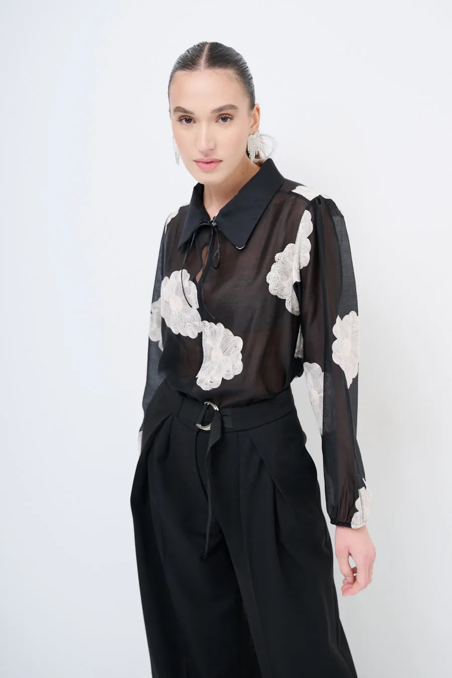 Sheer floral blouse with tie-neck detail wholesale