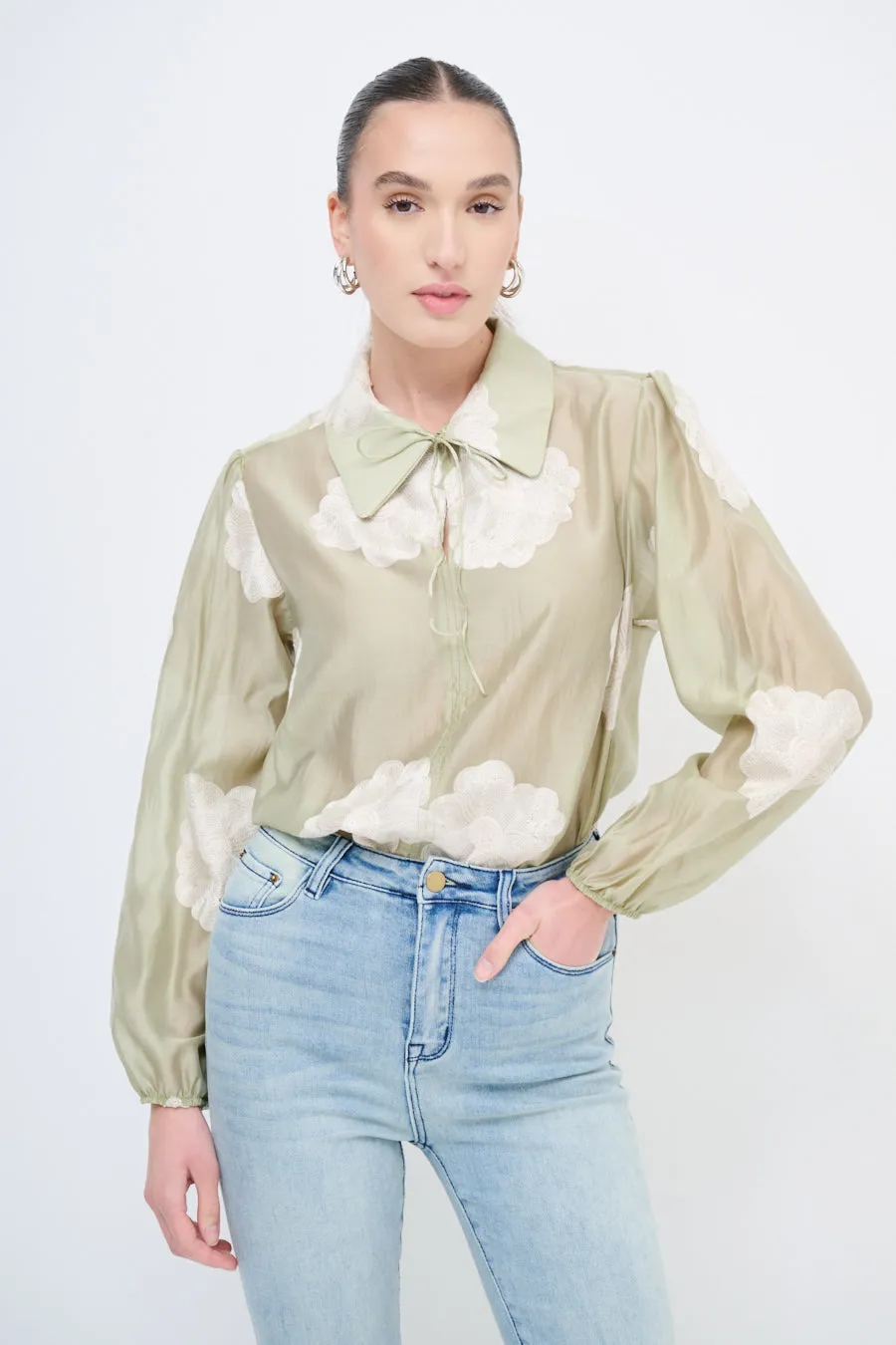 Sheer floral blouse with tie-neck detail wholesale