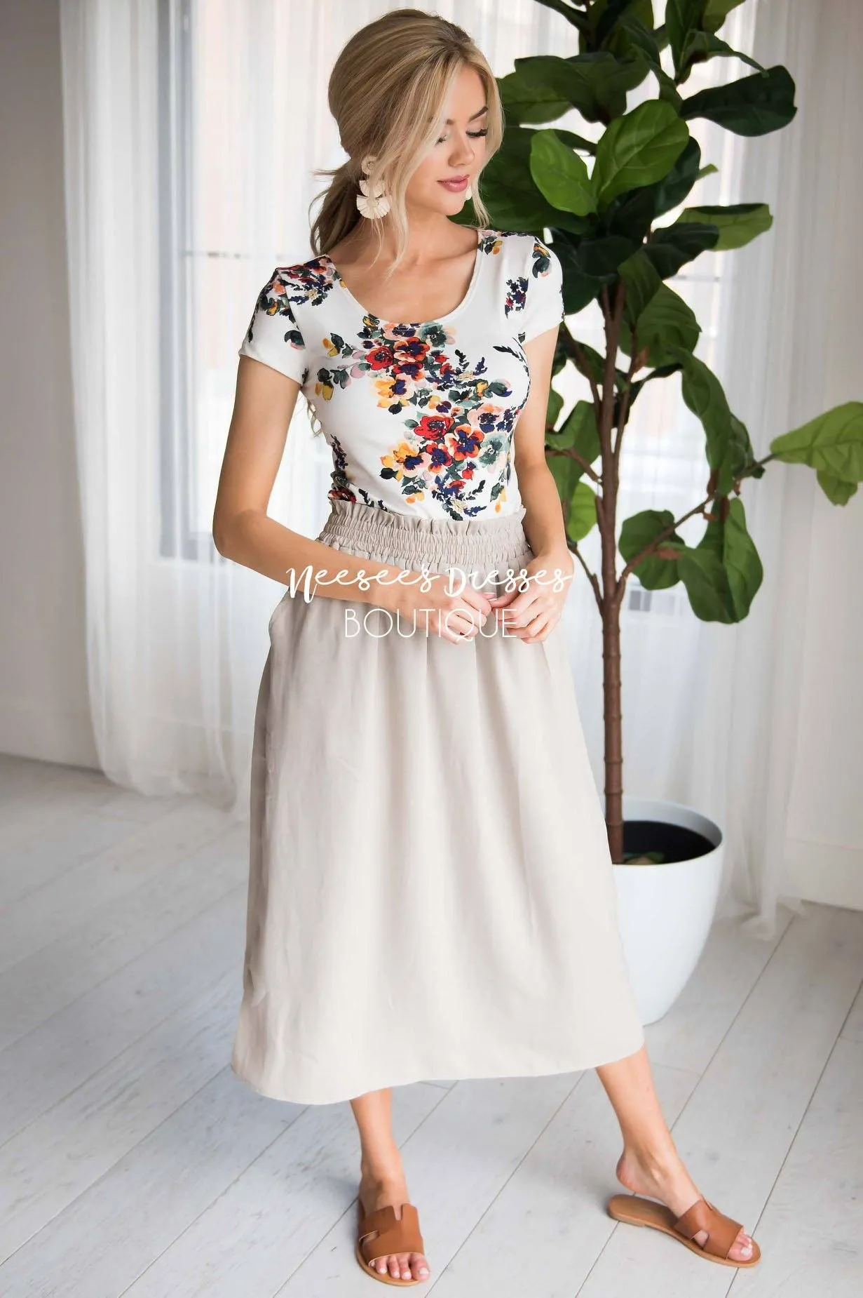 Soft Taupe Smock Waist Skirt