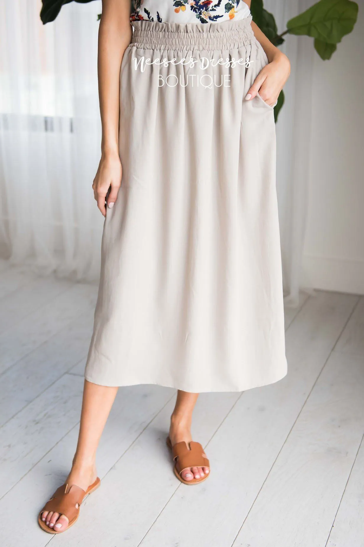 Soft Taupe Smock Waist Skirt