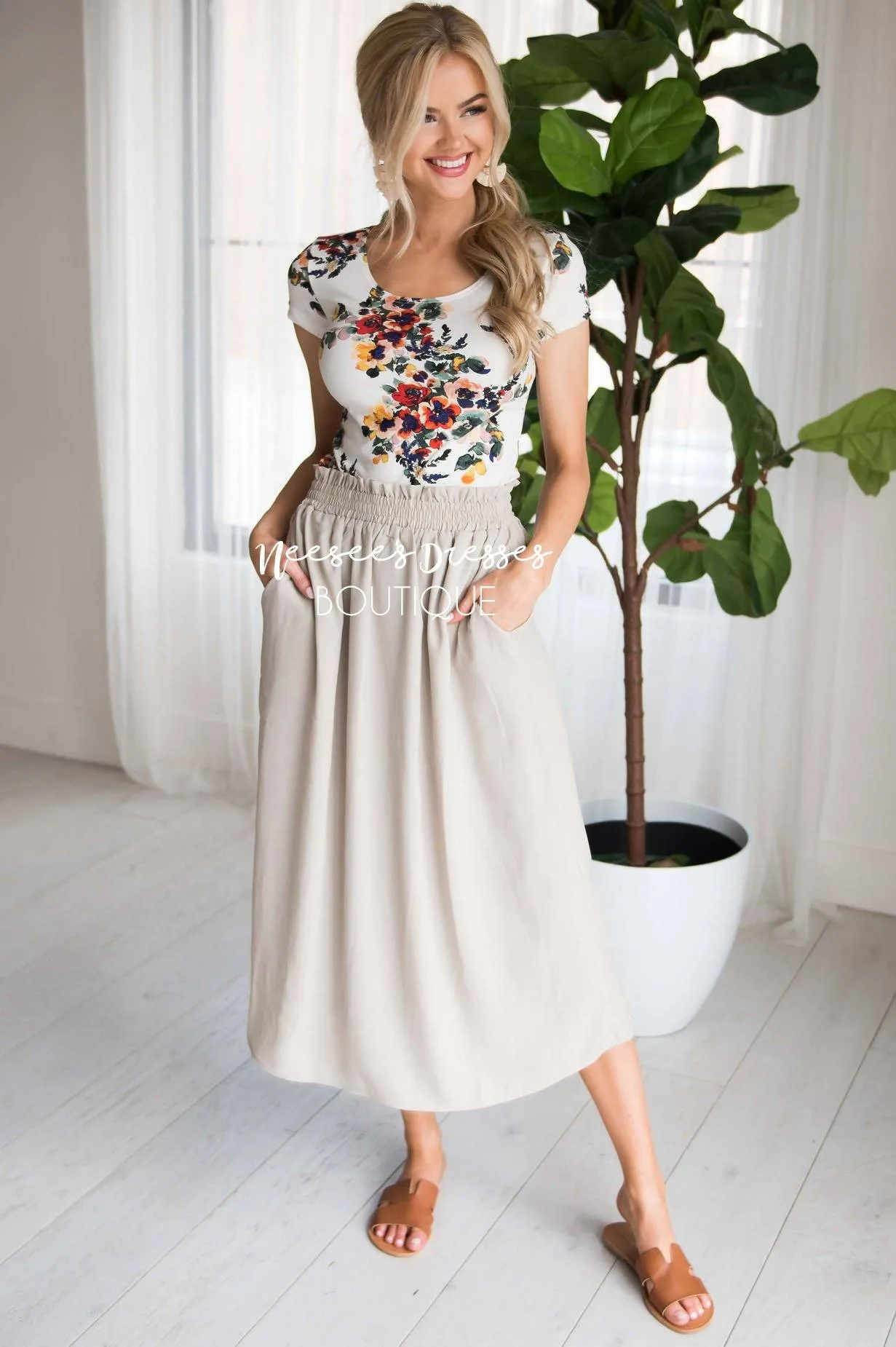 Soft Taupe Smock Waist Skirt