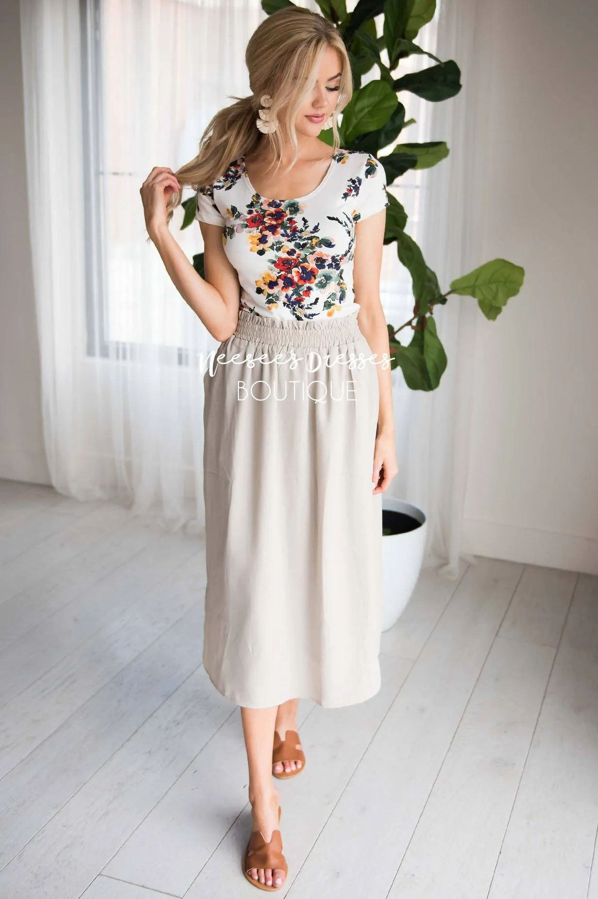 Soft Taupe Smock Waist Skirt