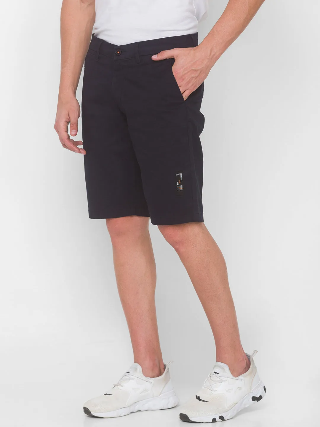 Spykar Men Navy Blue Solid Relaxed Mid-Rise Shorts (Relaxed)