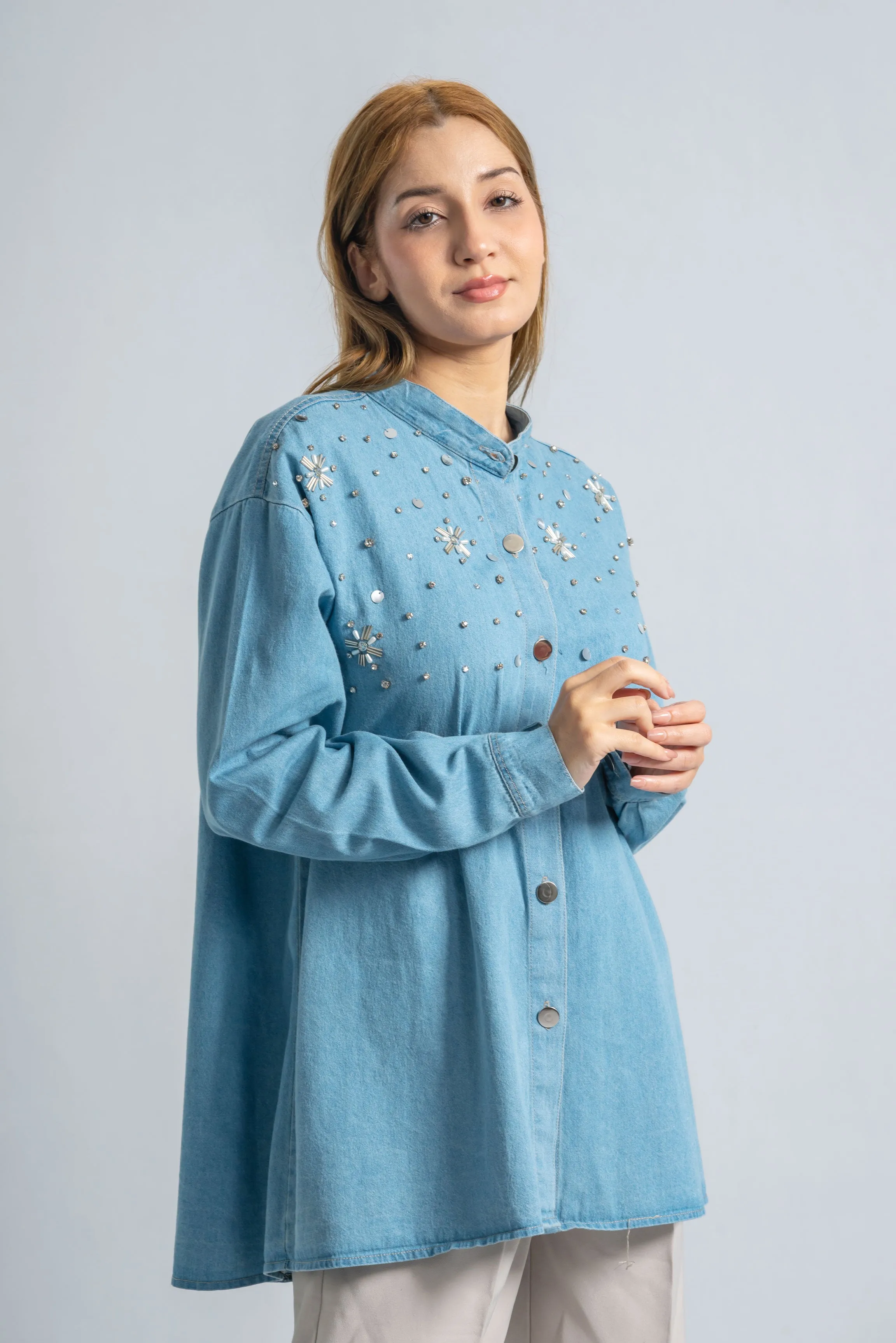 Starry Light Blue Denim Blouse