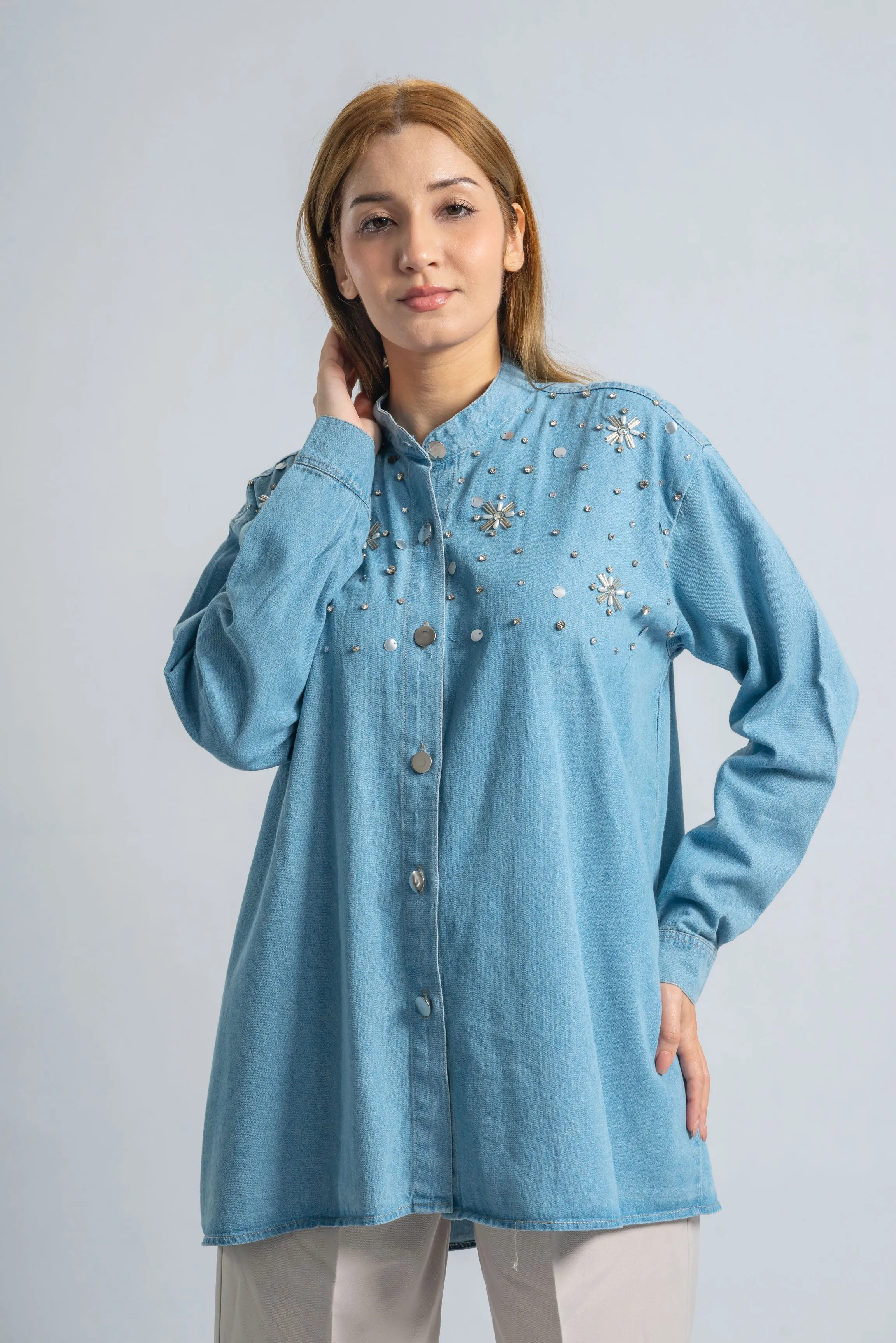 Starry Light Blue Denim Blouse