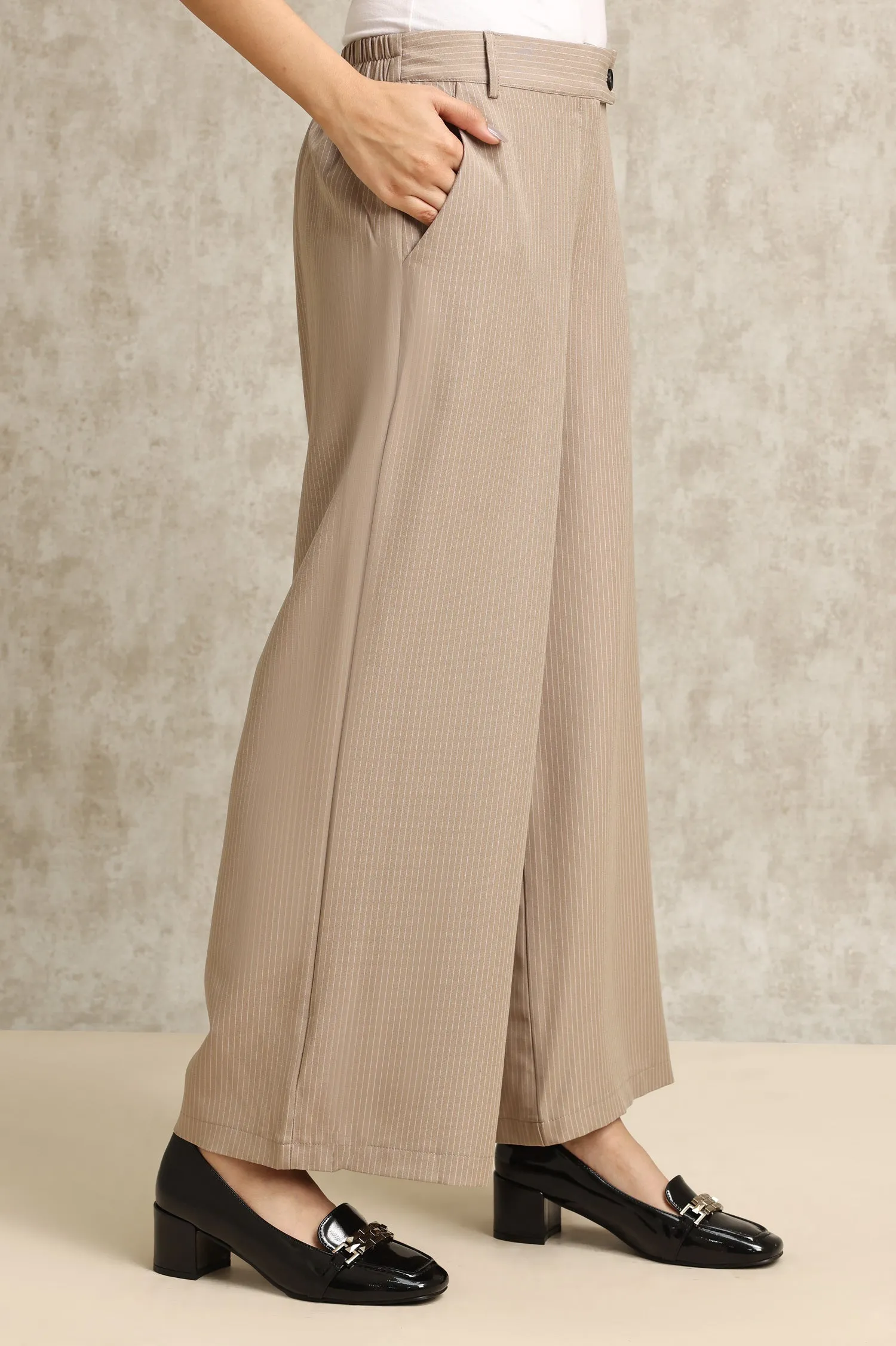 STRIPED WIDE-LEG PANTS-BEIGE