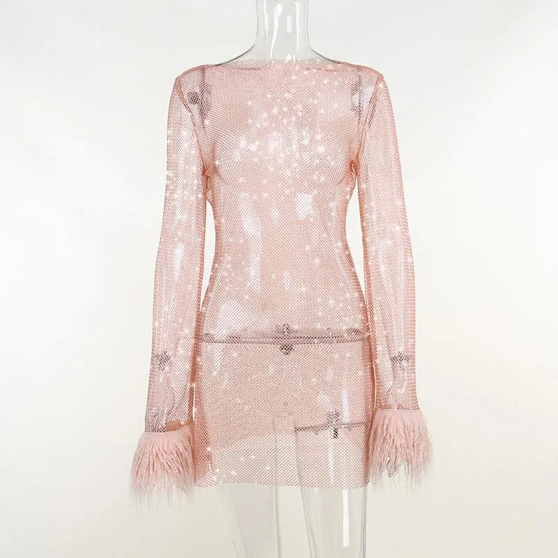 Trendy Autumn: Glittering Mesh Dress with Furry Thin Detail