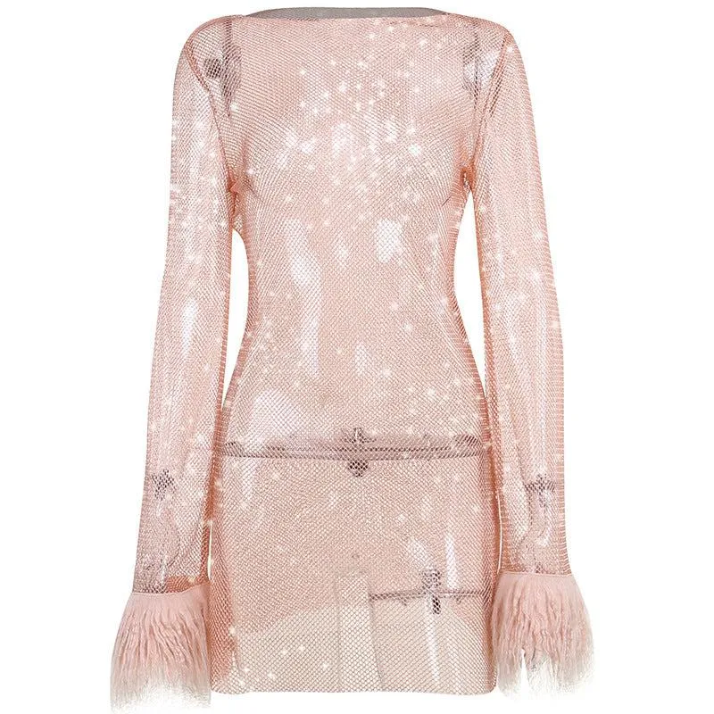 Trendy Autumn: Glittering Mesh Dress with Furry Thin Detail