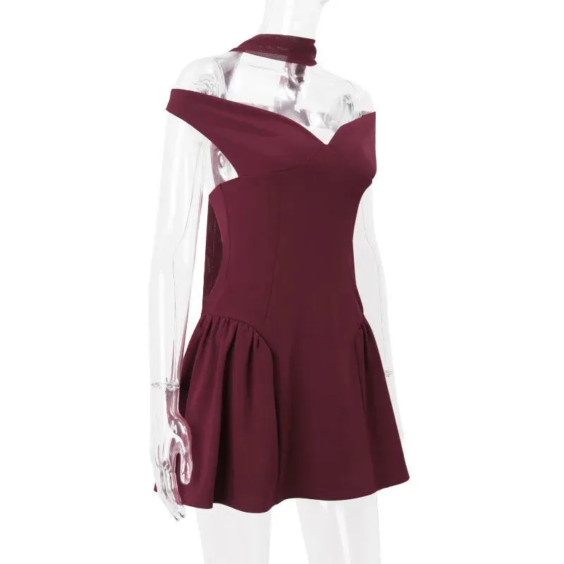 Trendy Burgundy Off-Shoulder Mini Dress with Scarf