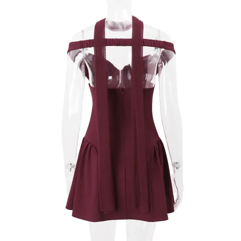 Trendy Burgundy Off-Shoulder Mini Dress with Scarf