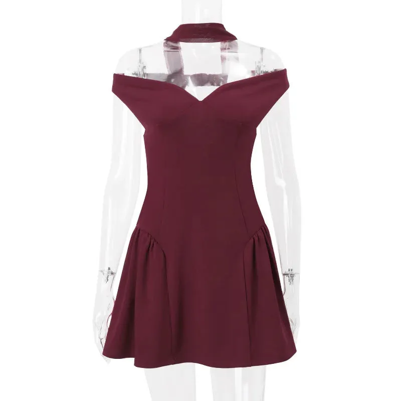 Trendy Burgundy Off-Shoulder Mini Dress with Scarf