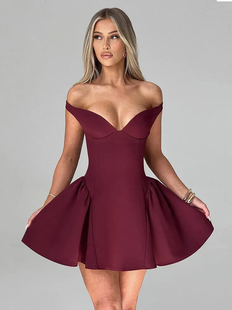 Trendy Burgundy Off-Shoulder Mini Dress with Scarf