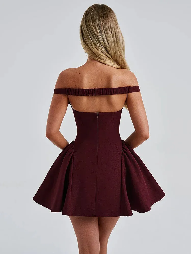 Trendy Burgundy Off-Shoulder Mini Dress with Scarf