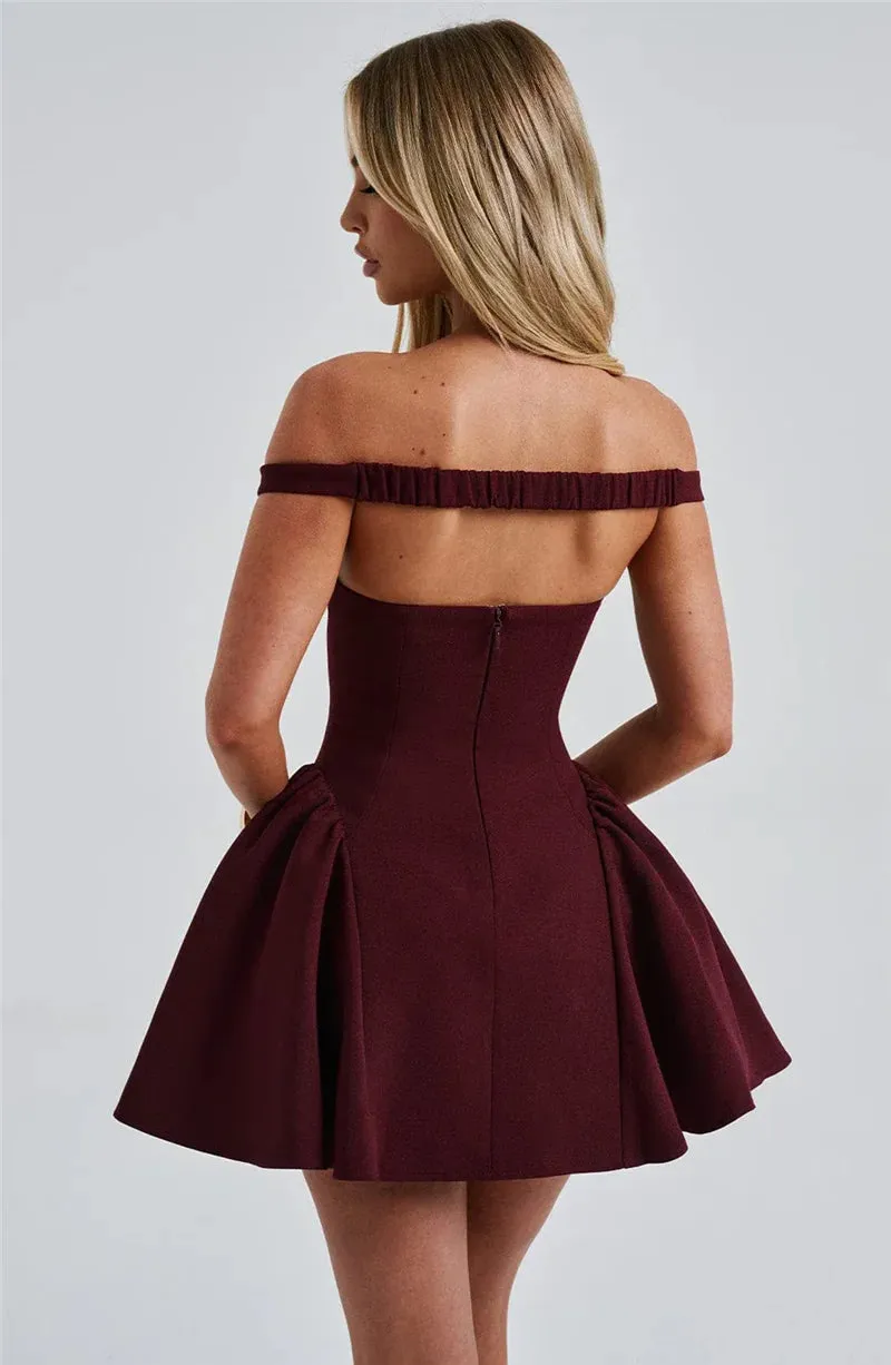 Trendy Burgundy Off-Shoulder Mini Dress with Scarf