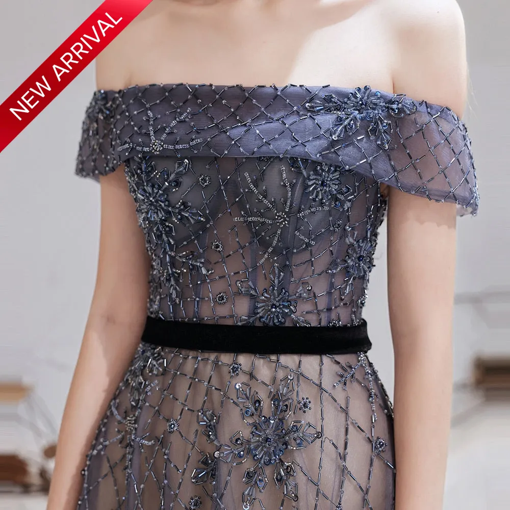 Trendy Dubai Dark Blue Beaded Formal Gown