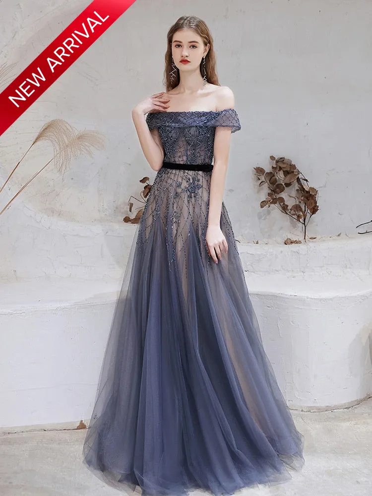 Trendy Dubai Dark Blue Beaded Formal Gown