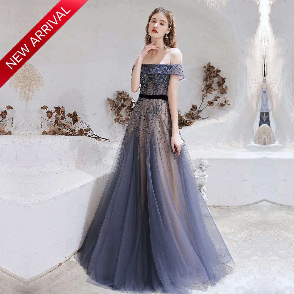 Trendy Dubai Dark Blue Beaded Formal Gown