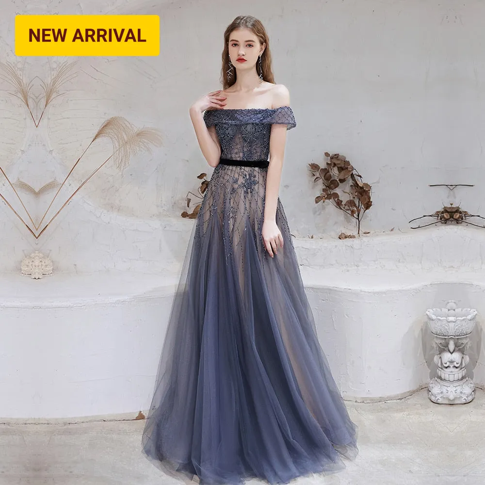 Trendy Dubai Dark Blue Beaded Formal Gown