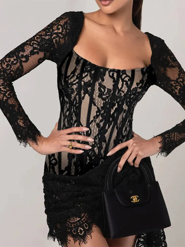 Trendy Lace Long Sleeve Mini Dress with Side Tail Detail