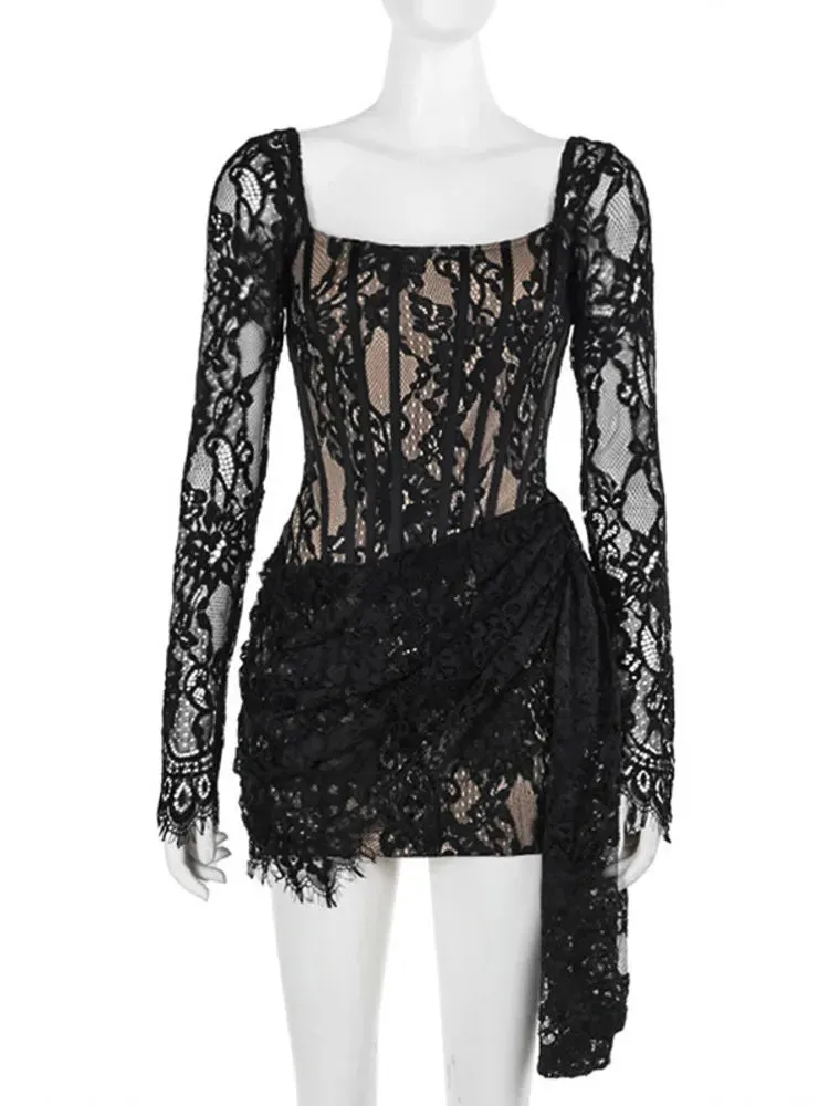 Trendy Lace Long Sleeve Mini Dress with Side Tail Detail