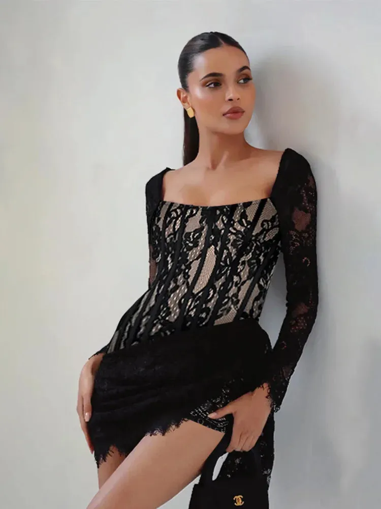 Trendy Lace Long Sleeve Mini Dress with Side Tail Detail