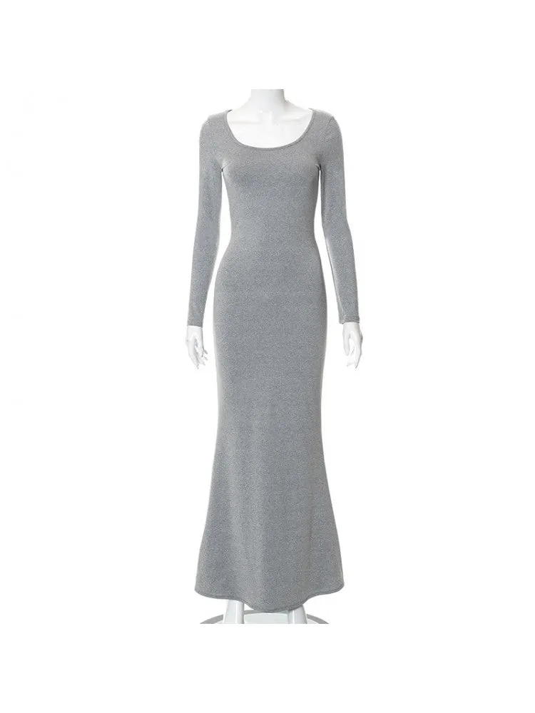 Trendy Ladies Solid Long Sleeve Maxi Dress