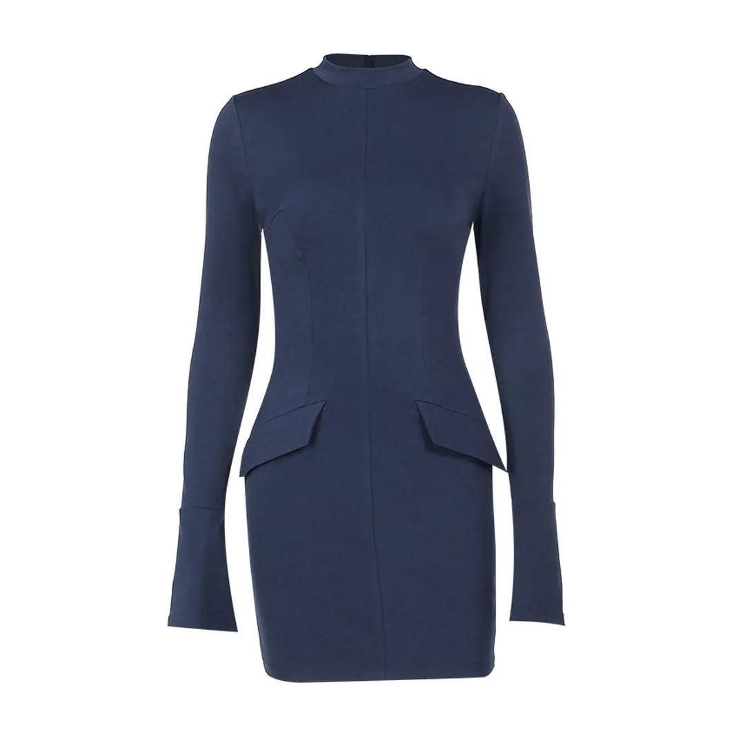 Trendy Mock Neck Bell Sleeve Pocket Trim Bodycon Mini Party Dress