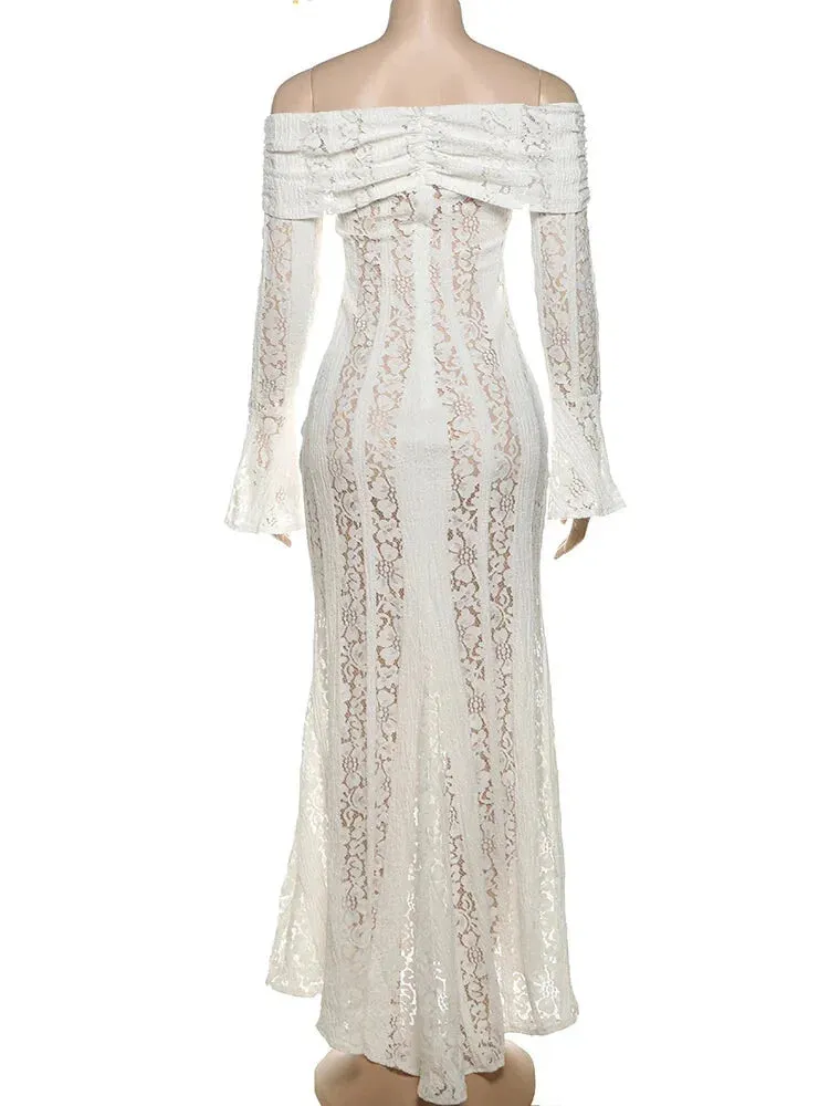 Trendy Off-Shoulder Lace Maxi Dress with Bell Sleeves