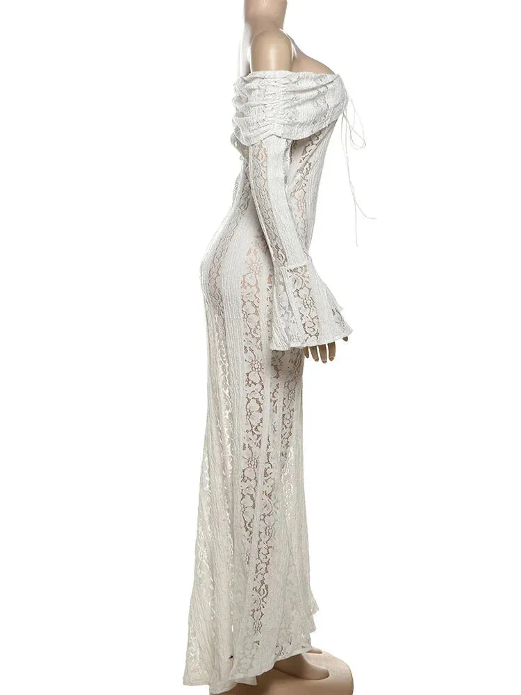 Trendy Off-Shoulder Lace Maxi Dress with Bell Sleeves