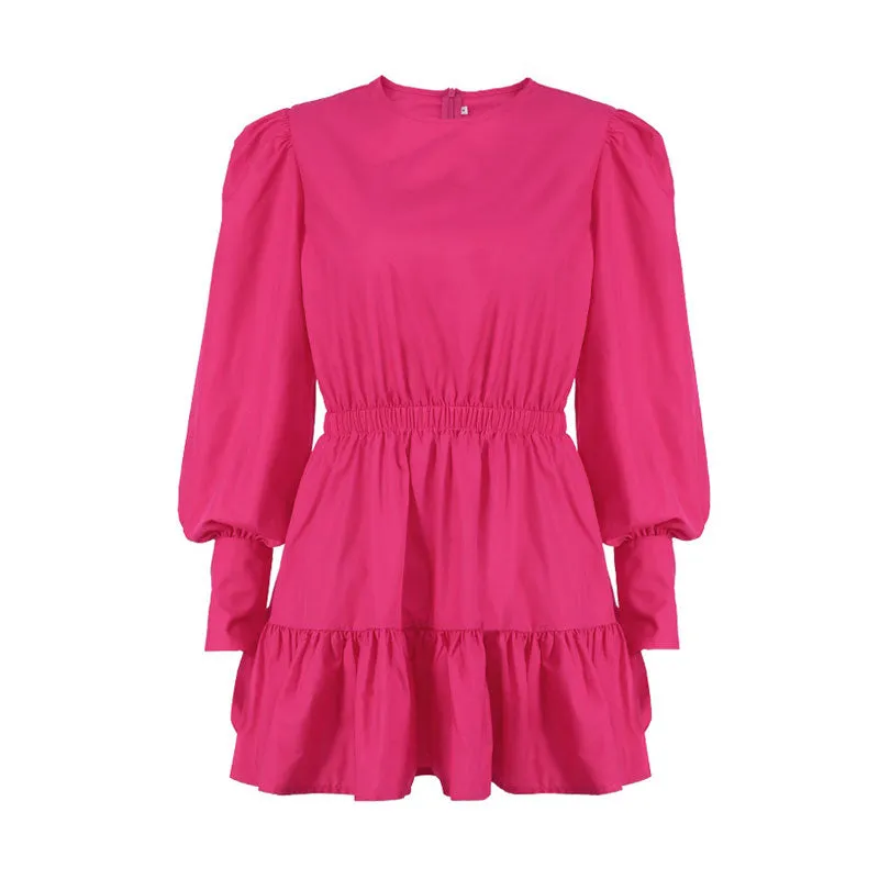 Trendy Puff Sleeve Gathered Waist Ruffle Smock Mini Dress - Hot Pink