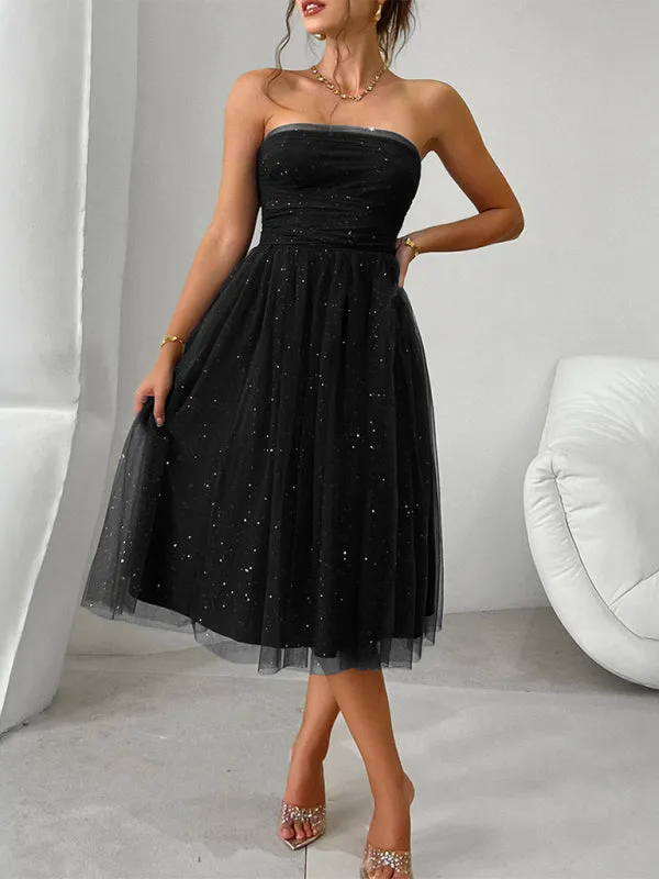 Trendy Sparkle Overlay Strapless Midi Dress with Bow