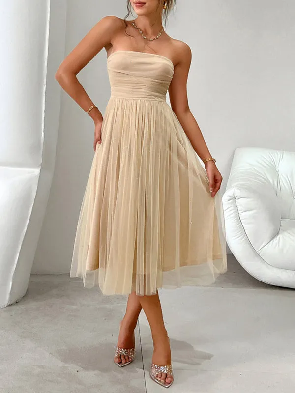 Trendy Sparkle Overlay Strapless Midi Dress with Bow