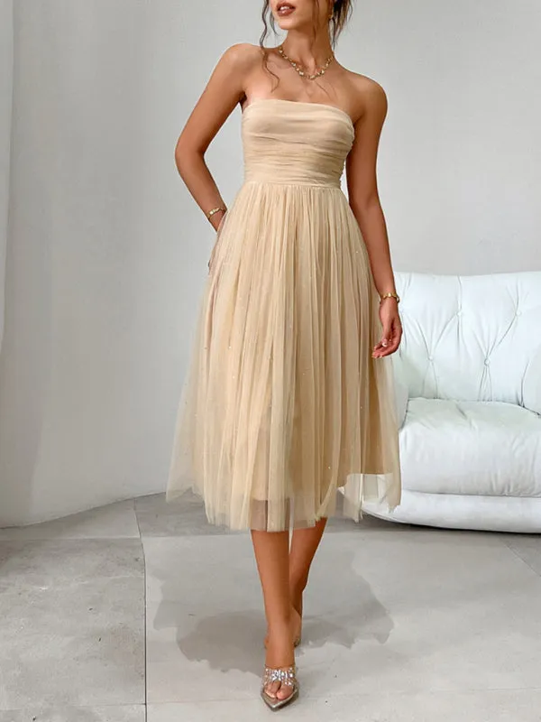 Trendy Sparkle Overlay Strapless Midi Dress with Bow